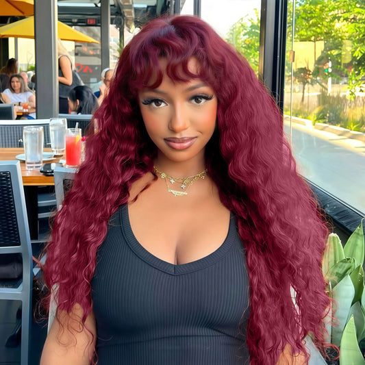 Burgundy Curly Deep Wave Wig With Bangs